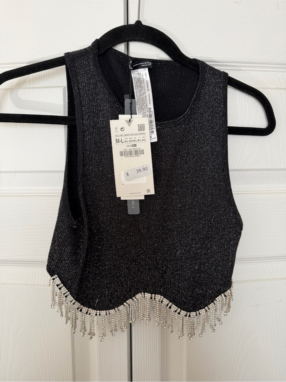 Zara Metallic Black Cropped Tank with Rhinestone Fringe